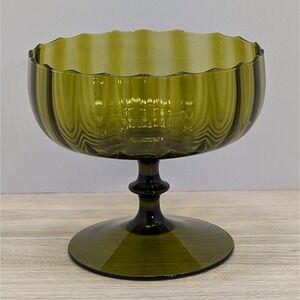 VTG MCM Green Avocado Olive Glass Compote Scalloped Rim Pedestal Bowl Dessert